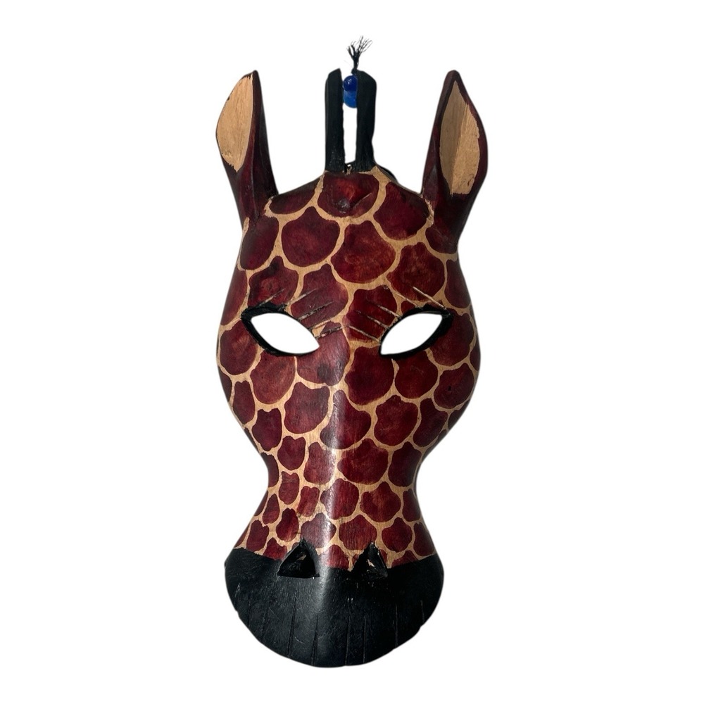 Hand Carved Wooden Giraffe Mask Wall Hanging African Safari Decor Tribal Art